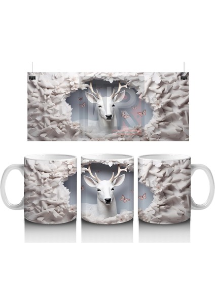 Boynuzlu Geyik ve Kar Temalı Arka Plan – Baskılı Kahve Kupası