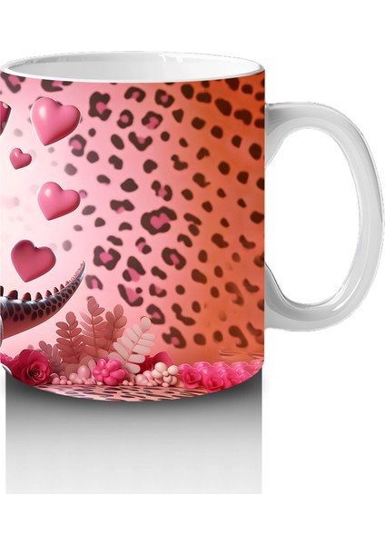 Pembe Kurdeleli Kalpli Gözlüklü Dinozor Deseni - Baskılı Kahve Kupası fırsatları
