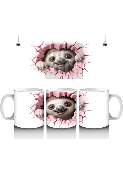 Çatlak Zeminden Bakan Sevimli Tembel Hayvan Figürü - Baskılı Kahve Kupası