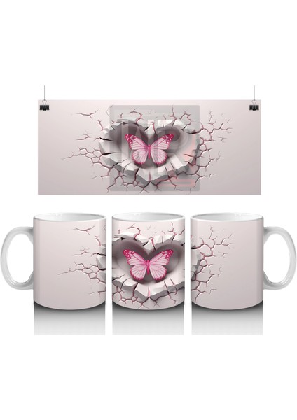 Pembe Kelebek Figürüyle Çatlak Kalp Temalı Tasarım - Baskılı Kahve Kupası