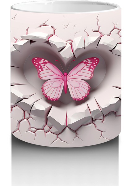 Pembe Kelebek Figürüyle Çatlak Kalp Temalı Tasarım - Baskılı Kahve Kupası modelleri