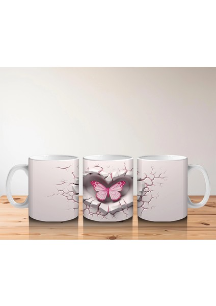 Pembe Kelebek Figürüyle Çatlak Kalp Temalı Tasarım - Baskılı Kahve Kupası indirimleri
