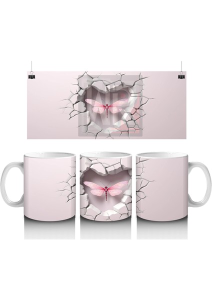 Beyaz Çatlak Duvar Arasında Pembe Yusufçuk – Baskılı Kahve Kupası