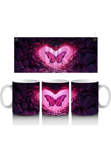 Taşlarla Çevrili Kalpli Kelebek – Baskılı Kahve Kupası