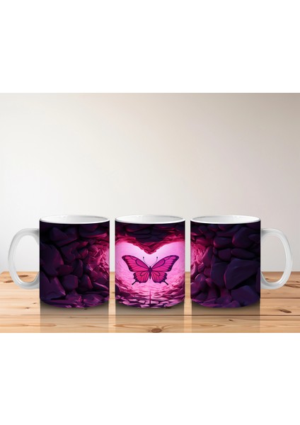 Taşlarla Çevrili Kalpli Kelebek – Baskılı Kahve Kupası indirimleri