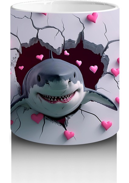 Kalplerle Çevrili Çatlak Zeminden Fırlayan Gülümseyen Köpekbalığı - Baskılı Kahve Kupası modelleri