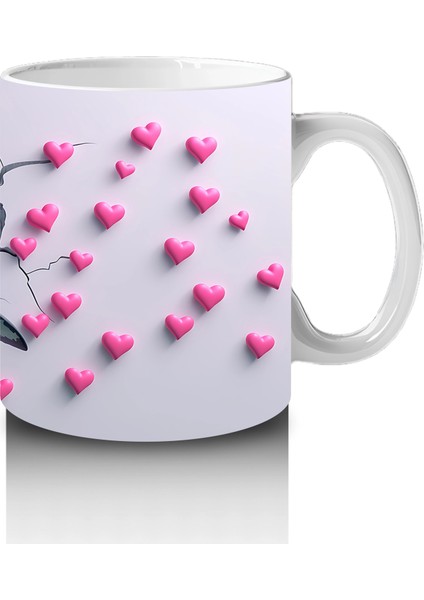 Kalplerle Çevrili Çatlak Zeminden Fırlayan Gülümseyen Köpekbalığı - Baskılı Kahve Kupası fırsatları