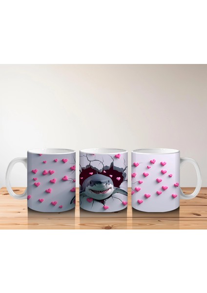 Kalplerle Çevrili Çatlak Zeminden Fırlayan Gülümseyen Köpekbalığı - Baskılı Kahve Kupası indirimleri