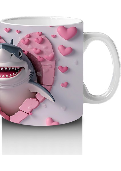 Kalpli Pembe Zeminde Gülümseyen Sevimli Köpekbalığı - Baskılı Kahve Kupası fırsatları