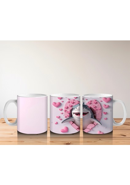 Kalpli Pembe Zeminde Gülümseyen Sevimli Köpekbalığı - Baskılı Kahve Kupası indirimleri