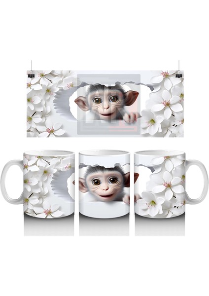 Çiçekli Zemin Üzerinde Sevimli Maymun – Baskılı Kahve Kupası