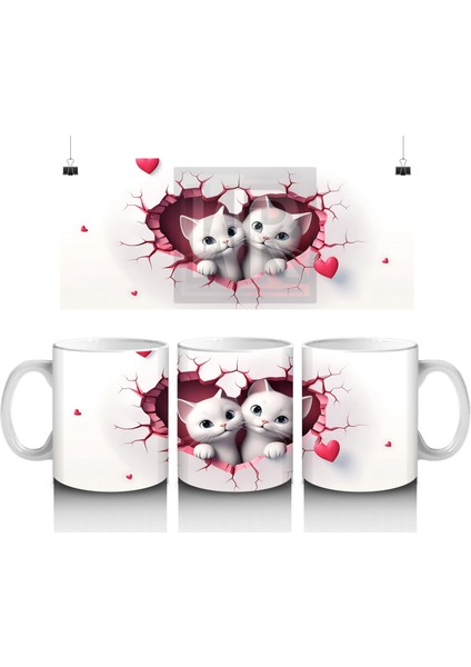 Pembe Kalplerle Süslenmiş Iki Beyaz Kedi - Baskılı Kahve Kupası