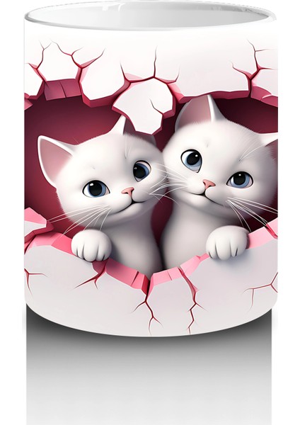 Pembe Kalplerle Süslenmiş Iki Beyaz Kedi - Baskılı Kahve Kupası modelleri
