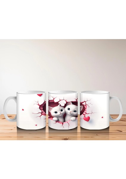 Pembe Kalplerle Süslenmiş Iki Beyaz Kedi - Baskılı Kahve Kupası indirimleri