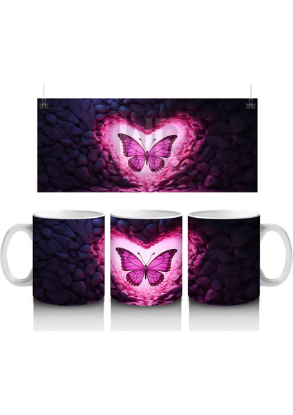 Pembe Işıklar Arasında Parlayan Kelebek – Baskılı Kahve Kupası