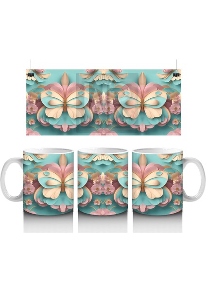 Tatlı Tonlarda Simetrik Kelebek Deseni – Baskılı Kahve Kupası