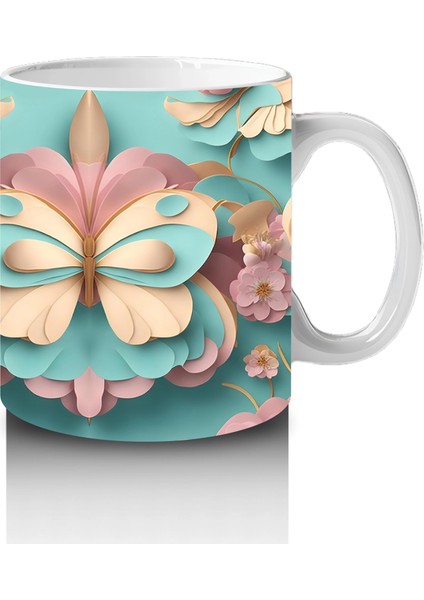 Tatlı Tonlarda Simetrik Kelebek Deseni – Baskılı Kahve Kupası modelleri