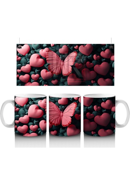 Kalpli Arka Planda Doku Üzerine Konmuş Kırmızı Kelebek - Baskılı Kahve Kupası