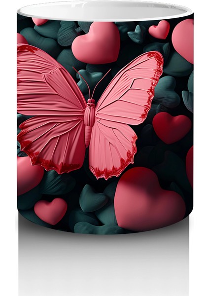 Kalpli Arka Planda Doku Üzerine Konmuş Kırmızı Kelebek - Baskılı Kahve Kupası modelleri