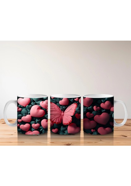 Kalpli Arka Planda Doku Üzerine Konmuş Kırmızı Kelebek - Baskılı Kahve Kupası indirimleri