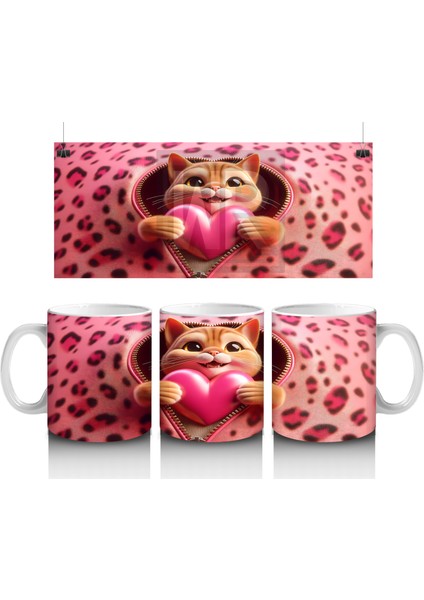 Leopar Desenli Fon Üzerinde Kalpli Kedicik – Baskılı Kahve Kupası