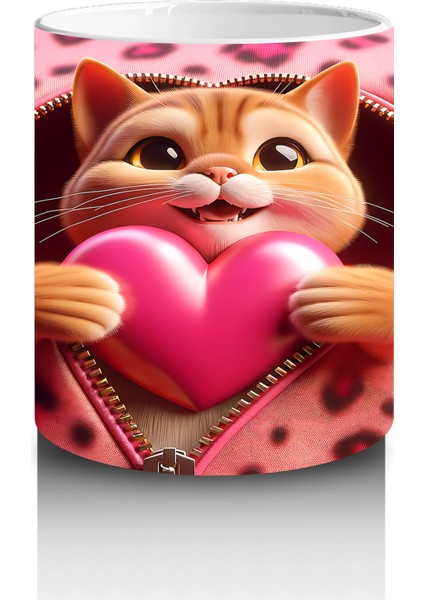 Leopar Desenli Fon Üzerinde Kalpli Kedicik – Baskılı Kahve Kupası modelleri