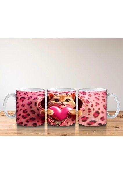 Leopar Desenli Fon Üzerinde Kalpli Kedicik – Baskılı Kahve Kupası indirimleri