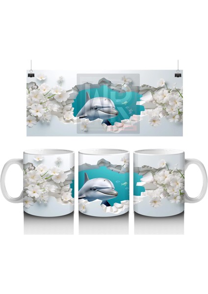 Beyaz Çiçekler Arasında Zıplayan Yunus – Baskılı Kahve Kupası