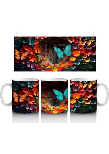 Doğal Çiçekler Arasında Turkuaz Kelebek – Baskılı Kahve Kupası