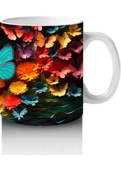 Doğal Çiçekler Arasında Turkuaz Kelebek – Baskılı Kahve Kupası fırsatları