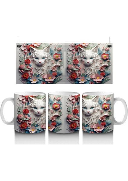 Çiçekler ve Yapraklarla Çevrili Kedi Ikilisi – Baskılı Kahve Kupası