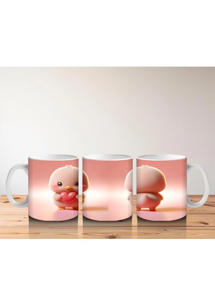 Kalpli Figür Tutan Sevimli Pembe Civciv (Ön ve Arka) - Baskılı Kahve Kupası indirimleri