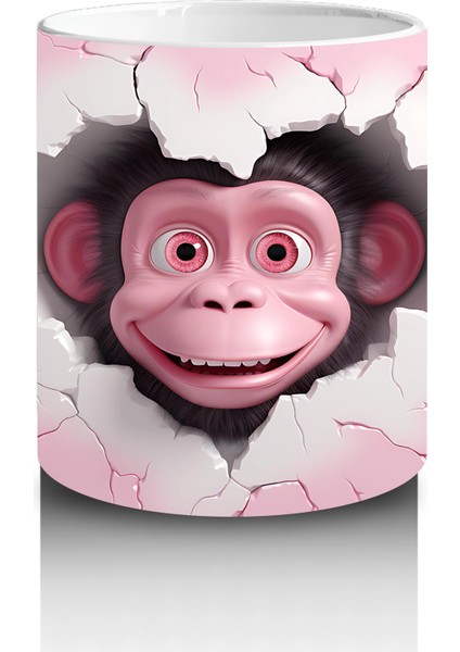 Pembe Çatlak Arka Planda Sevimli Maymun Figürü - Baskılı Kahve Kupası modelleri