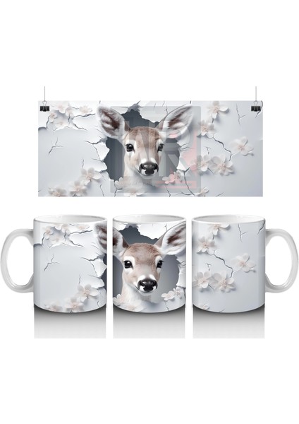 Beyaz Çiçekler Arasında Sevimli Ceylan – Baskılı Kahve Kupası