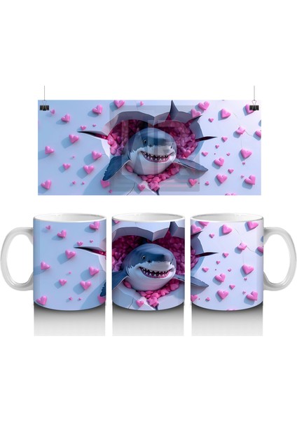 Pembe Kalpli Arka Plan Üzerinde Tatlı Mavi Köpekbalığı - Baskılı Kahve Kupası