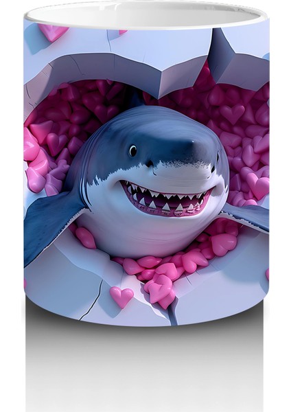 Pembe Kalpli Arka Plan Üzerinde Tatlı Mavi Köpekbalığı - Baskılı Kahve Kupası modelleri