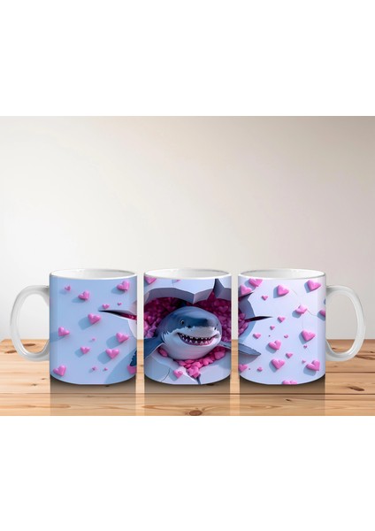 Pembe Kalpli Arka Plan Üzerinde Tatlı Mavi Köpekbalığı - Baskılı Kahve Kupası indirimleri