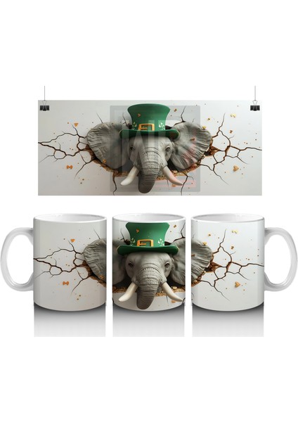 St. Patrick Şapkasıyla Fil Figürü – Baskılı Kahve Kupası