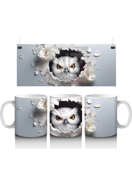 Beyaz Çiçekler Arasında Sarı Gözlü Baykuş – Baskılı Kahve Kupası