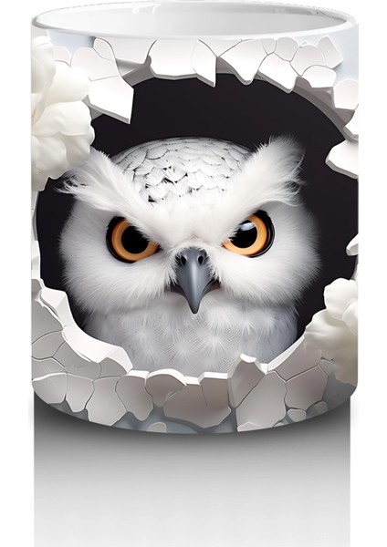 Beyaz Çiçekler Arasında Sarı Gözlü Baykuş – Baskılı Kahve Kupası modelleri