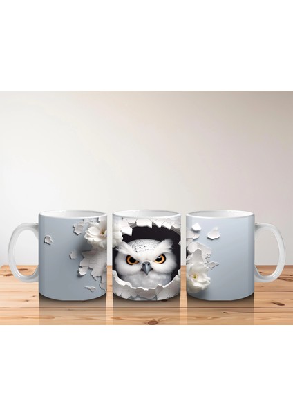 Beyaz Çiçekler Arasında Sarı Gözlü Baykuş – Baskılı Kahve Kupası indirimleri