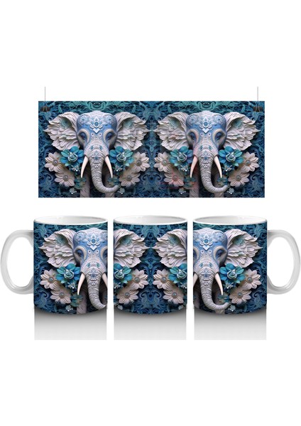 Mavi Çiçekler Arasında Fil Maskotu – Baskılı Kahve Kupası