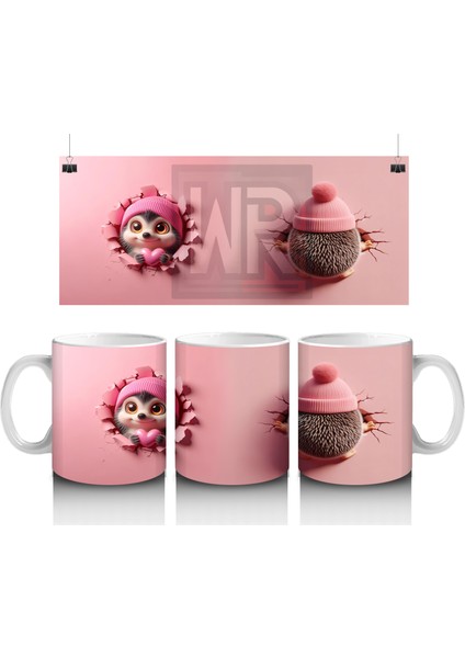 Şapkalı Tatlı Bebek Kirpi ve Peluş – Baskılı Kahve Kupası