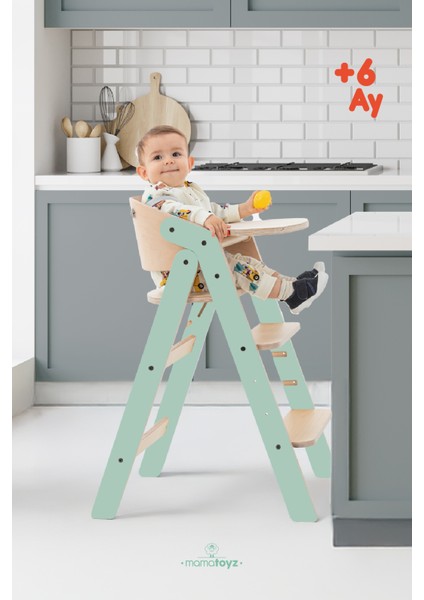 Ahşap Mama Sandalyesi Katalanabilir- All In One Mint Model - Ahşap Ön Tabla ve Silikon Mat - 5 Noktalı Emniyet Kemeri Aksesuarları Dahil - EN14988 Mama Sandalyesi Standardı Testine Sahip