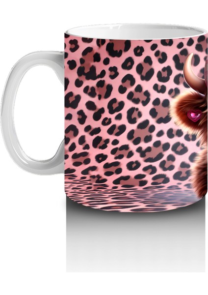 Leopar Desenli Zeminde Kalpli Gözlüklü Sevimli Inek - Baskılı Kahve Kupası fiyatları
