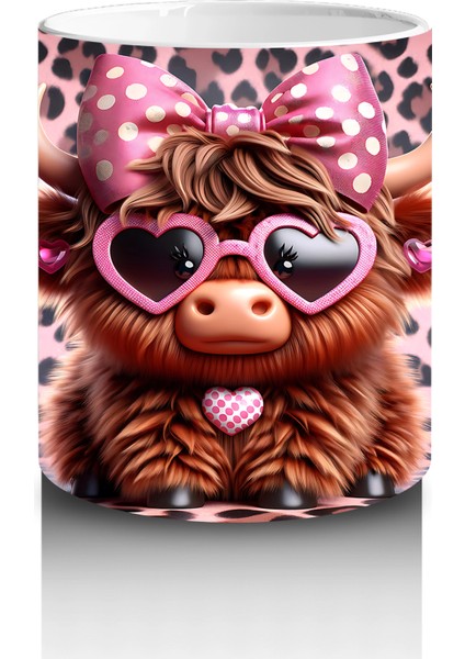 Leopar Desenli Zeminde Kalpli Gözlüklü Sevimli Inek - Baskılı Kahve Kupası modelleri