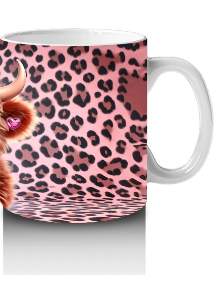 Leopar Desenli Zeminde Kalpli Gözlüklü Sevimli Inek - Baskılı Kahve Kupası fırsatları