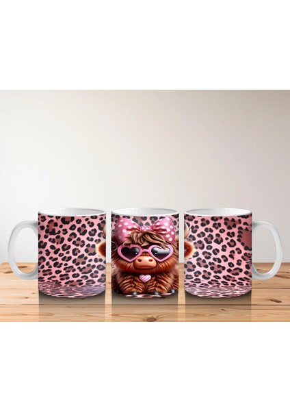 Leopar Desenli Zeminde Kalpli Gözlüklü Sevimli Inek - Baskılı Kahve Kupası indirimleri