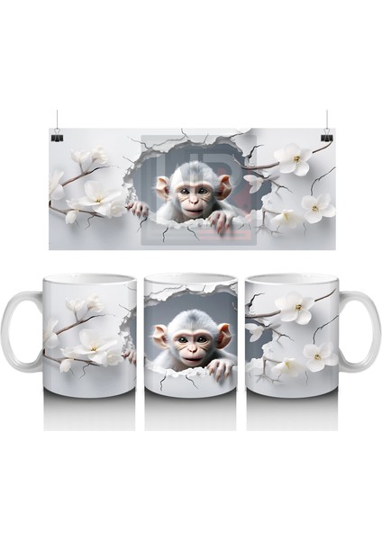 Beyaz Çiçekler Arasında Meraklı Maymun Figürü - Baskılı Kahve Kupası