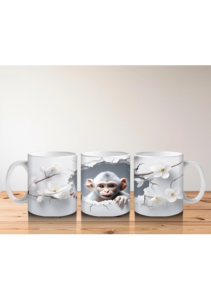 Beyaz Çiçekler Arasında Meraklı Maymun Figürü - Baskılı Kahve Kupası indirimleri